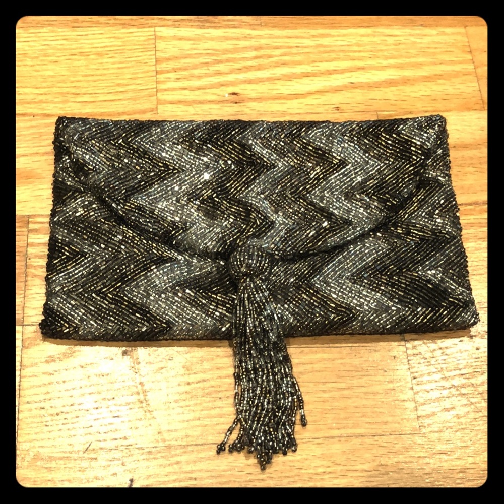 Monya chevron beaded tassel clutch gold silver